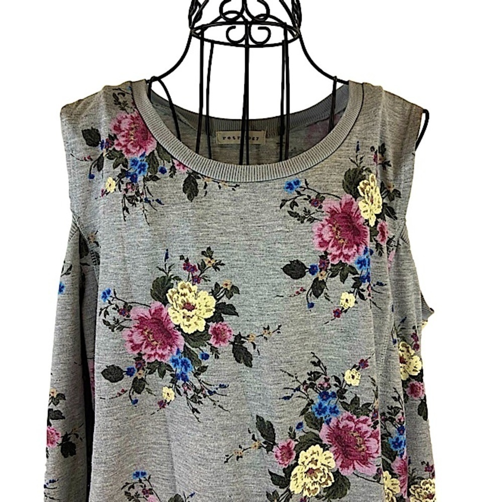 Retrology Gray Floral Cold Shoulder Sweatshirt Boho Cottagecore Cozy Size Large